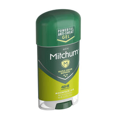Mitchum Mountain Air clear gel bottle open highlights alcohol-free formula for skin comfort.