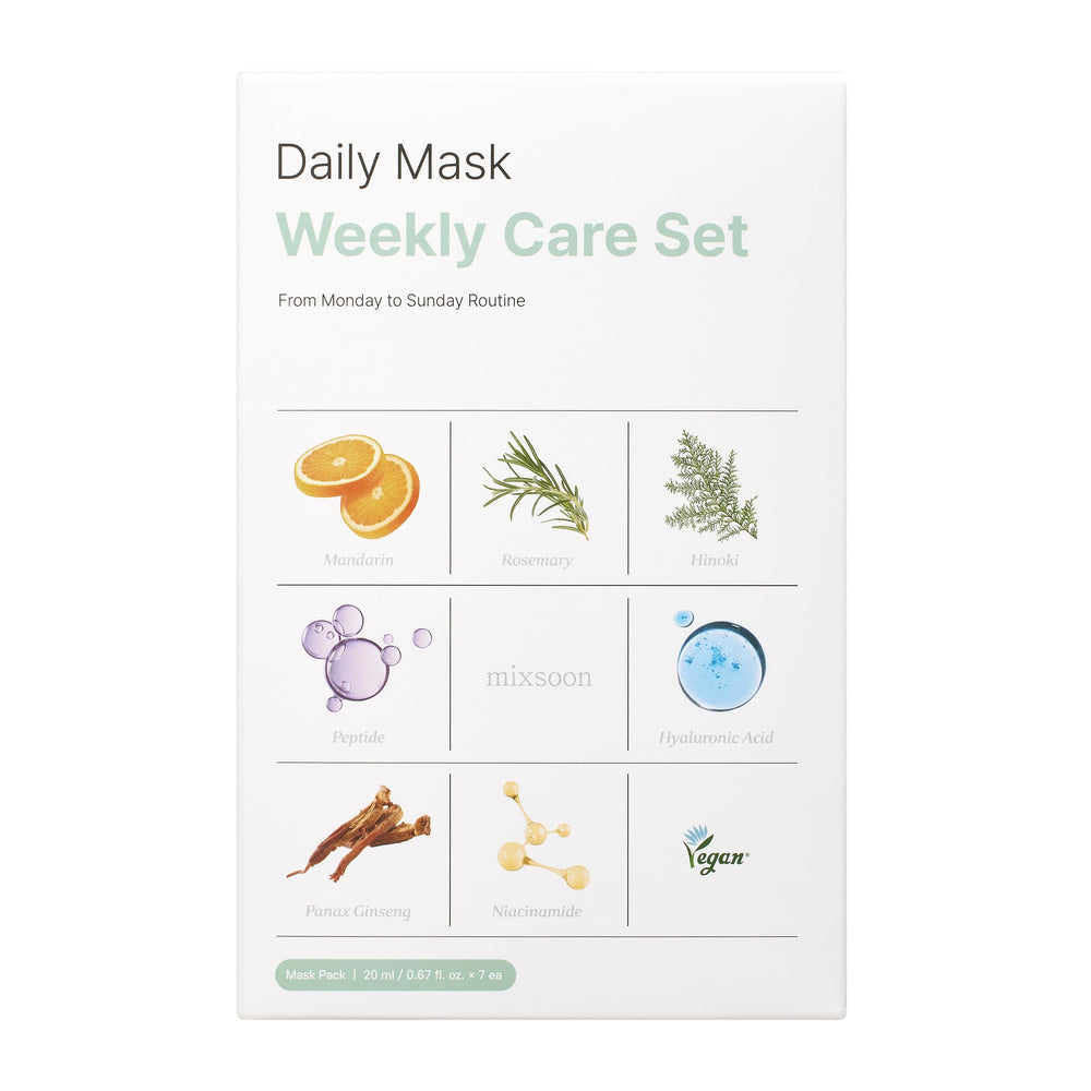 Mixsoon daily mask weekly set packaging closeup for convenient weekly routine