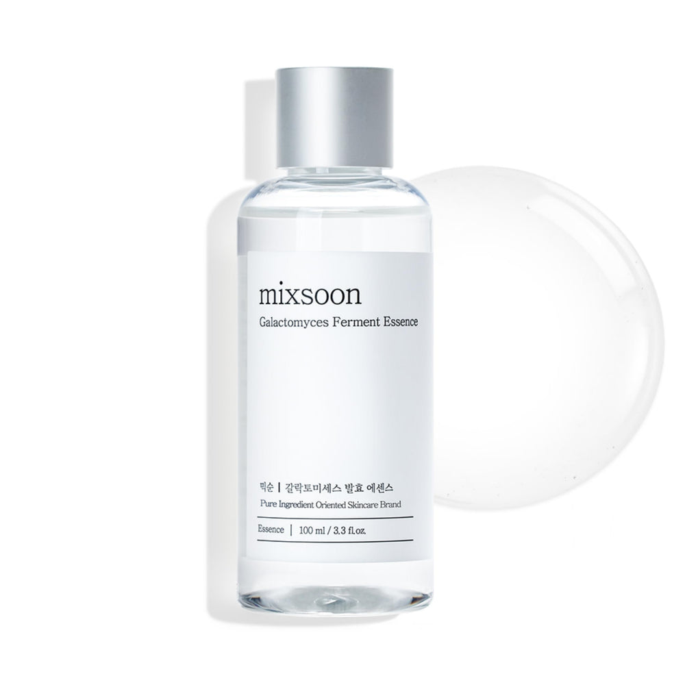 Mixsoon Galactomyces Ferment Essence bottle closeup highlights premium hydration for all skin types.