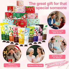 MIYUELENI hand cream variety scents display featuring cherry blossom and green tea