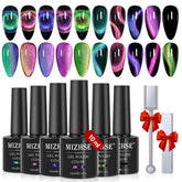 MIZHSE 9D cat eye gel polish kit with magnetic effect for salon-quality nails.