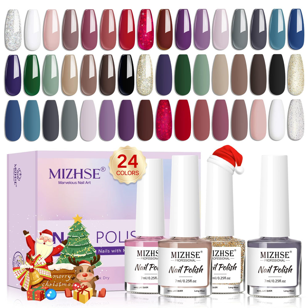 MIZHSE quick dry nail polish set swatches show 24 colors for fall and winter