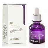 MIZON Collagen 100 bottle closeup highlighting premium hydration for firmer-looking skin.