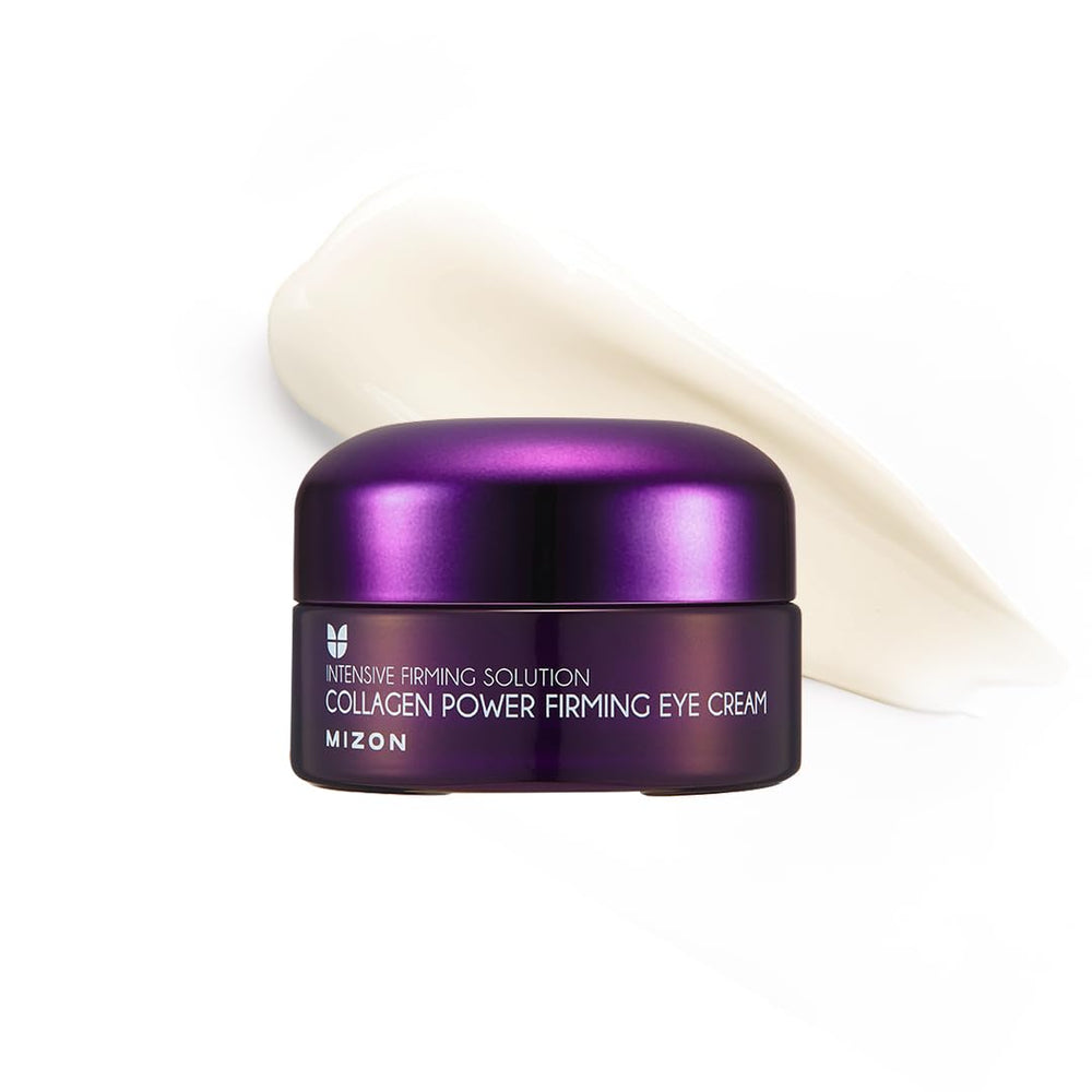 MIZON Collagen Power Firming Eye Cream bottle front highlights anti-wrinkle benefits.