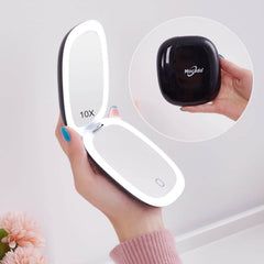 Mocado compact LED magnifying travel mirror front view with 1X and 10X magnification for versatile makeup checks.