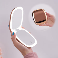 Mocado compact LED travel mirror rose gold front view for quick makeup checks on the go.