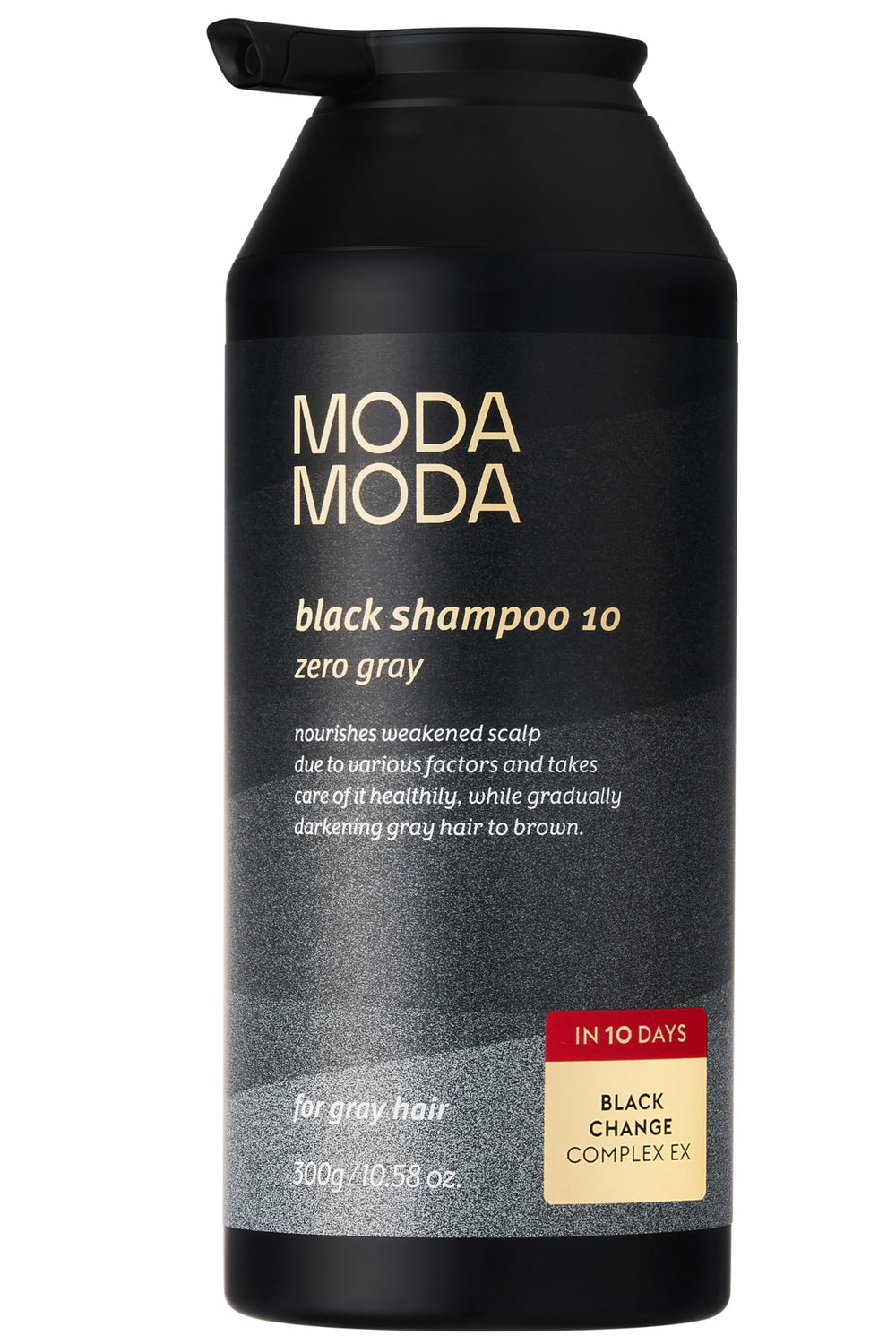 MODA MODA Zero Gray Black Shampoo bottle front shows natural gray-darkening for a uniform look.