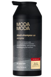 MODA MODA Zero Gray Black Shampoo bottle front shows natural gray-darkening for a uniform look.
