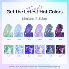 Modelones aurora blue glitter shows shifting shimmer under LED for festive nails.