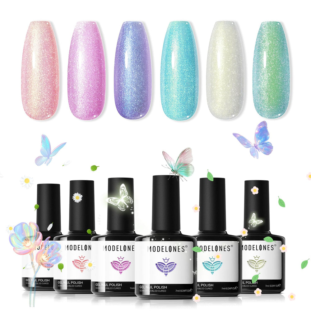 Modelones Glitter Gel Nail Polish Set pastel-aurora-collection showcases polarizing color shifts for chic nails.
