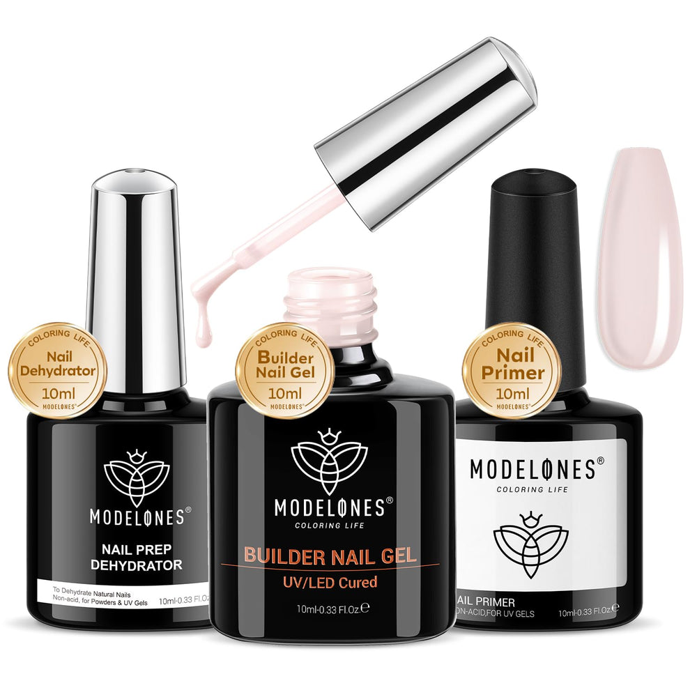 Modelones nail dehydrator and primer set visual for improved adhesion and base prep.