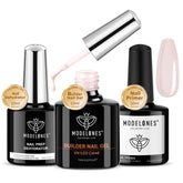 Modelones nail dehydrator and primer set visual for improved adhesion and base prep.