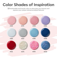 Modelones 12-color palette enables nude, pink, and glitter nail designs.