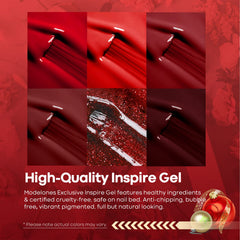 Modelones red gel polish close-up bottle highlights rich color and glossy finish