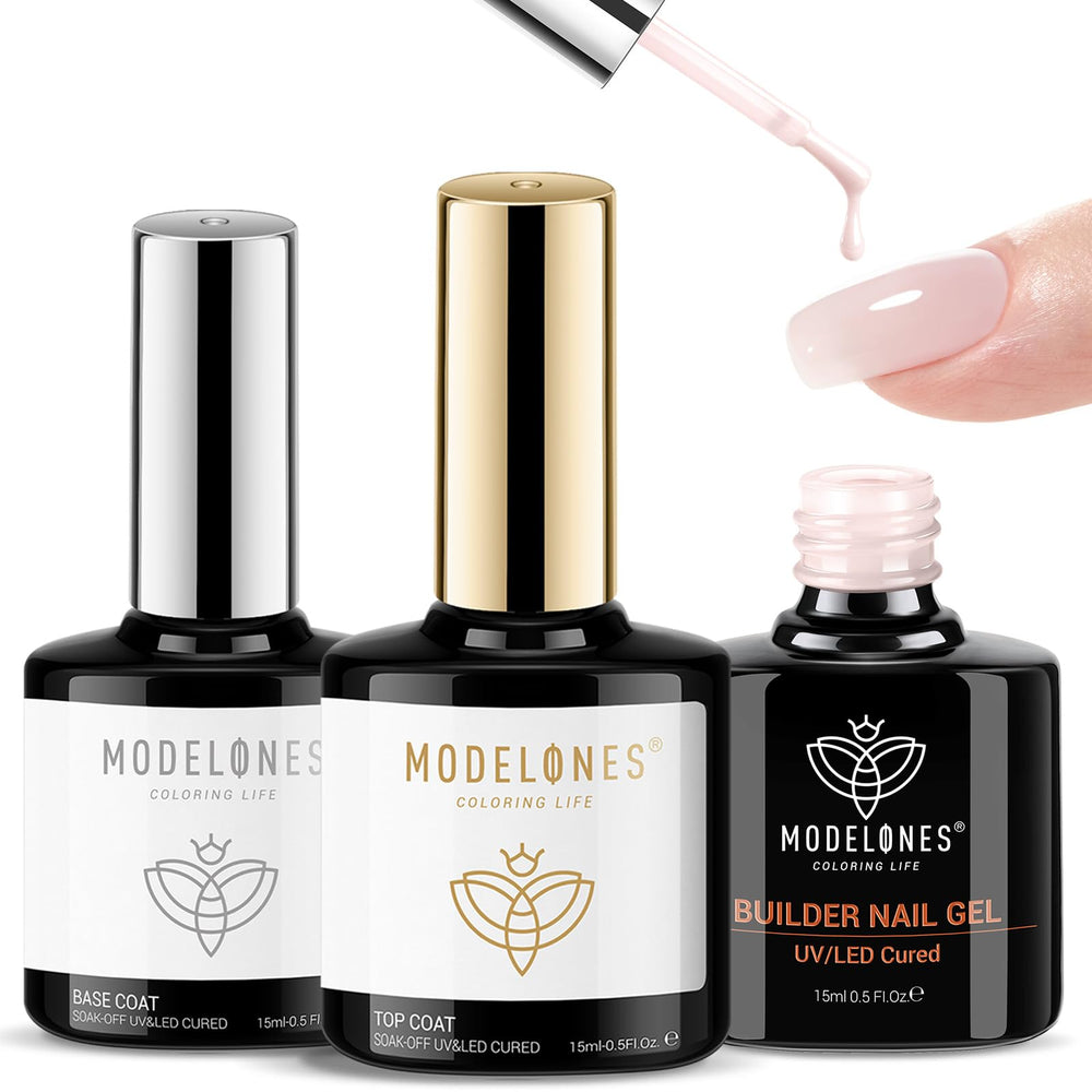 Modelones nude pink builder gel top coat swatch highlighting nail thickening effect.