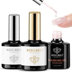 Modelones nude pink builder gel top coat swatch highlighting nail thickening effect.