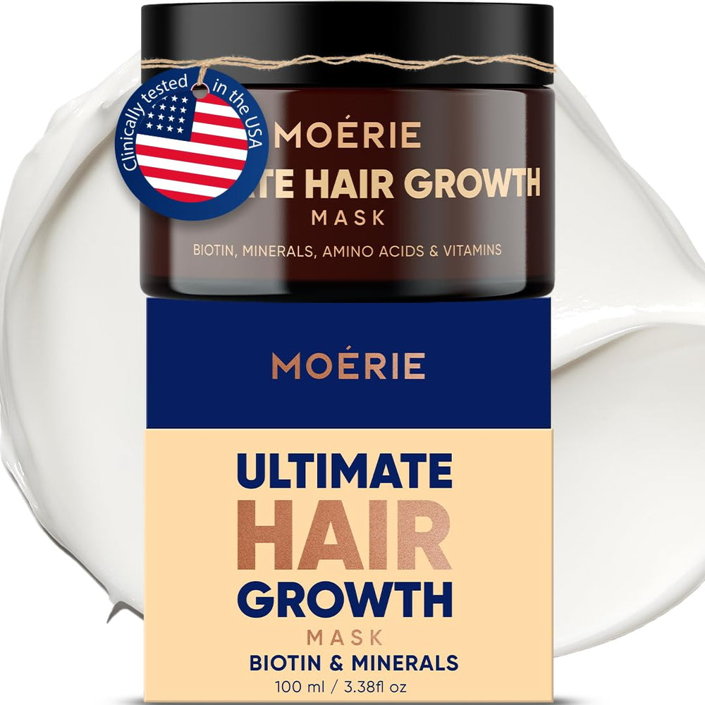 Moerie hair growth mask packaging highlights vegan, cruelty-free formula for guilt-free hair care.
