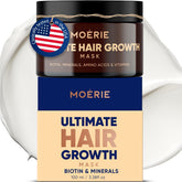 Moerie hair growth mask packaging highlights vegan, cruelty-free formula for guilt-free hair care.