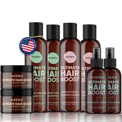 Moerie shampoo bottle shows natural formula for fuller, healthier hair.