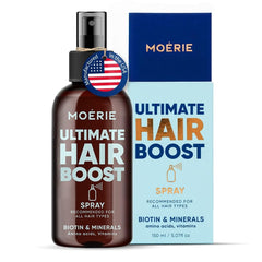 Moerie Ultimate Hair Boost Spray bottle highlights nourishing minerals for stronger, shinier hair.
