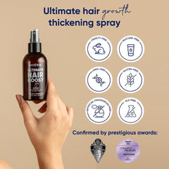 Moerie Ultimate Hair Boost Spray packaging emphasizes natural, non-GMO formula.
