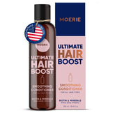 Moerie Ultimate Hair Growth Conditioner bottle promotes fuller, thicker-looking hair.