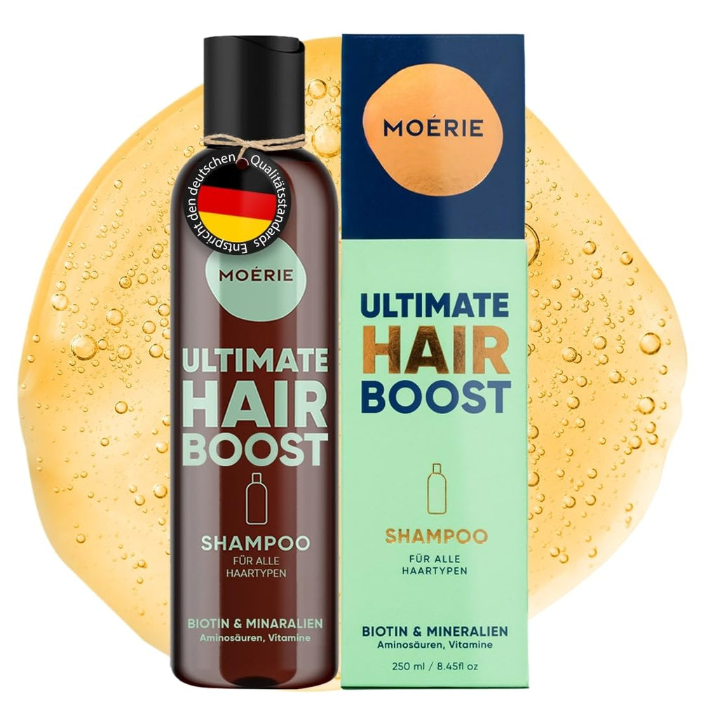 Moerie Ultimate Hair Growth Shampoo bottle close-up highlighting vegan formula for fuller-looking hair