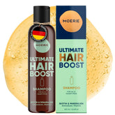 Moerie Ultimate Hair Growth Shampoo bottle close-up highlighting vegan formula for fuller-looking hair