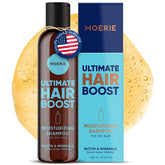 Moerie Ultimate Hair Growth Shampoo bottle close-up highlighting nourishing formula for fuller hair.