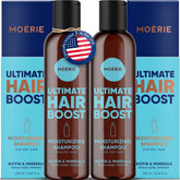 Moerie Ultimate Hair Growth Shampoo bottle demonstrates vegan formula for fuller-looking hair