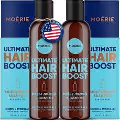 Moerie Ultimate Hair Growth Shampoo bottle demonstrates vegan formula for fuller-looking hair