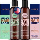 Moerie volumizing shampoo bottle closeup showing natural-origin formula for thicker hair.