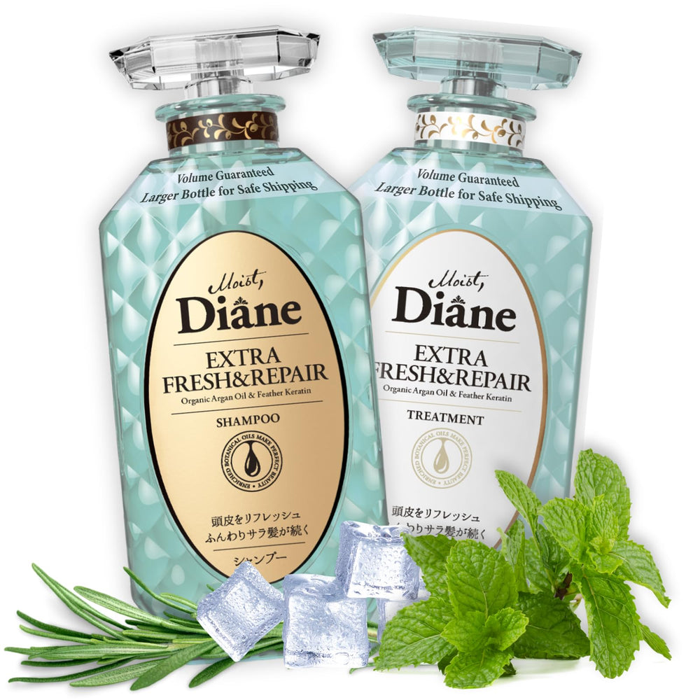 Moist Diane anti-dandruff shampoo bottle showing refreshing scalp cleanse