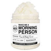 Mojo Spa Make Me a Morning Person Scrub packaging highlights recyclable container for sustainable routine.