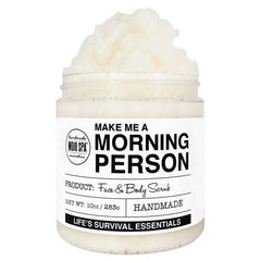 Mojo Spa Make Me a Morning Person Scrub packaging highlights recyclable container for sustainable routine.