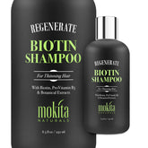 Mokita Naturals hair-volumizing shampoo bottle close-up promotes fuller-looking hair.