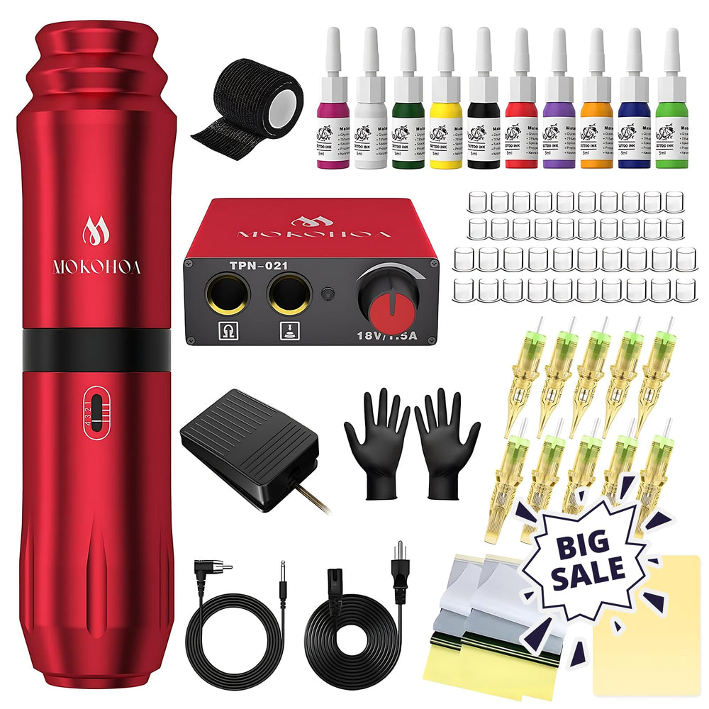 MOKOHOA tattoo gun kit setup shows a complete beginner bundle for practice sessions
