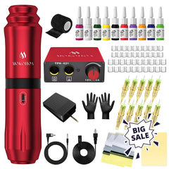 MOKOHOA tattoo gun kit setup shows a complete beginner bundle for practice sessions