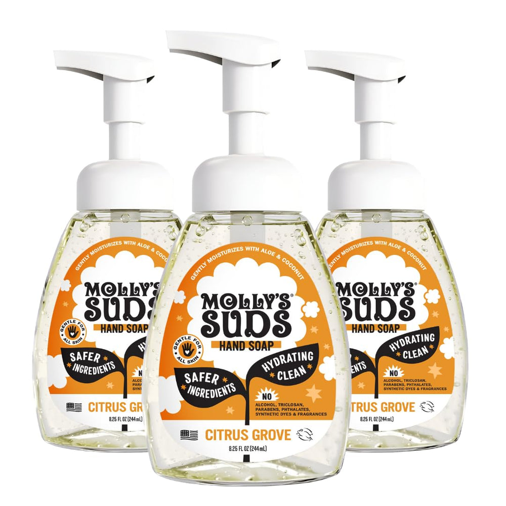 Molly's Suds foaming hand soap bottle pour for quick cleansing