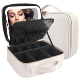 MOMIRA travel makeup bag exterior in khaki, durable PU leather for on-the-go use