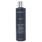 MONAT Black bottle pour demonstrates easy, 2-in-1 cleansing and conditioning in one step.
