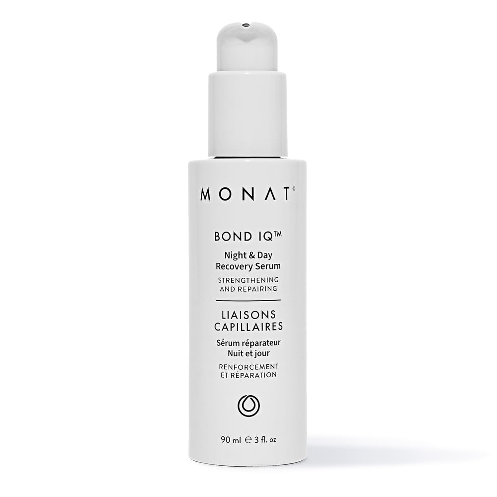 MONAT BOND IQ Night & Day serum bottle close-up showing bond-building repair for strengthened hair