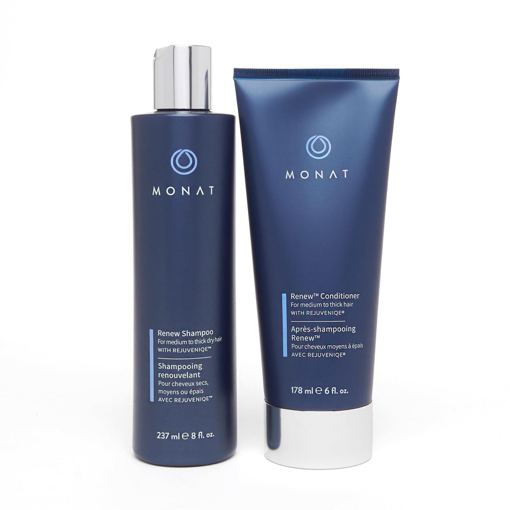 MONAT Renew shampoo bottle closeup showing hydrating formula for dry hair