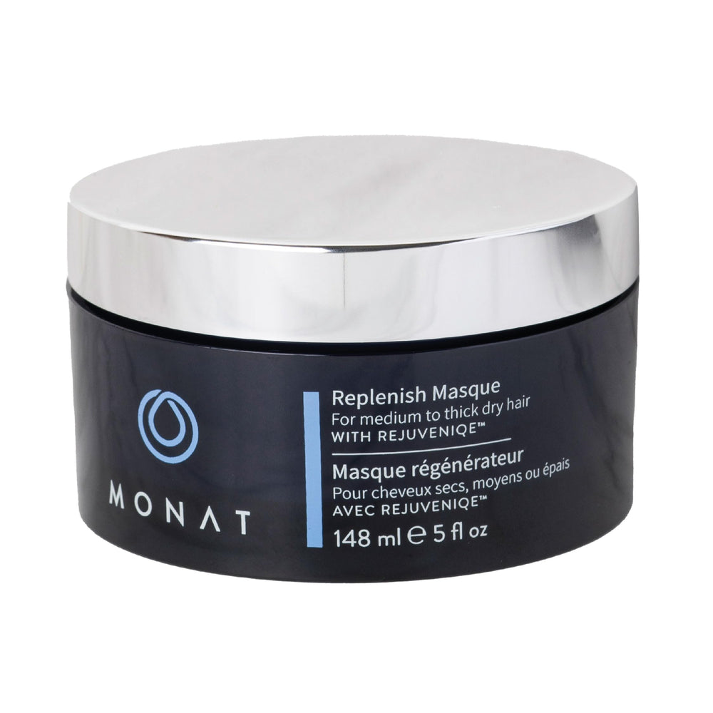 MONAT Replenish Masque bottle front showing deep conditioning for medium-to-thick hair