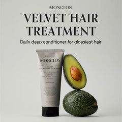 MONCLOS Velvet Hair Treatment bottle-pour shows lightweight application for daily use