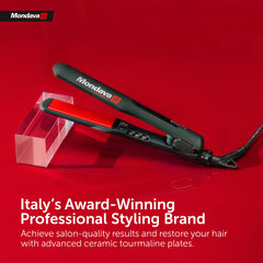 Mondava Professional flat iron dual voltage adapter image emphasizing travel-friendly power options.