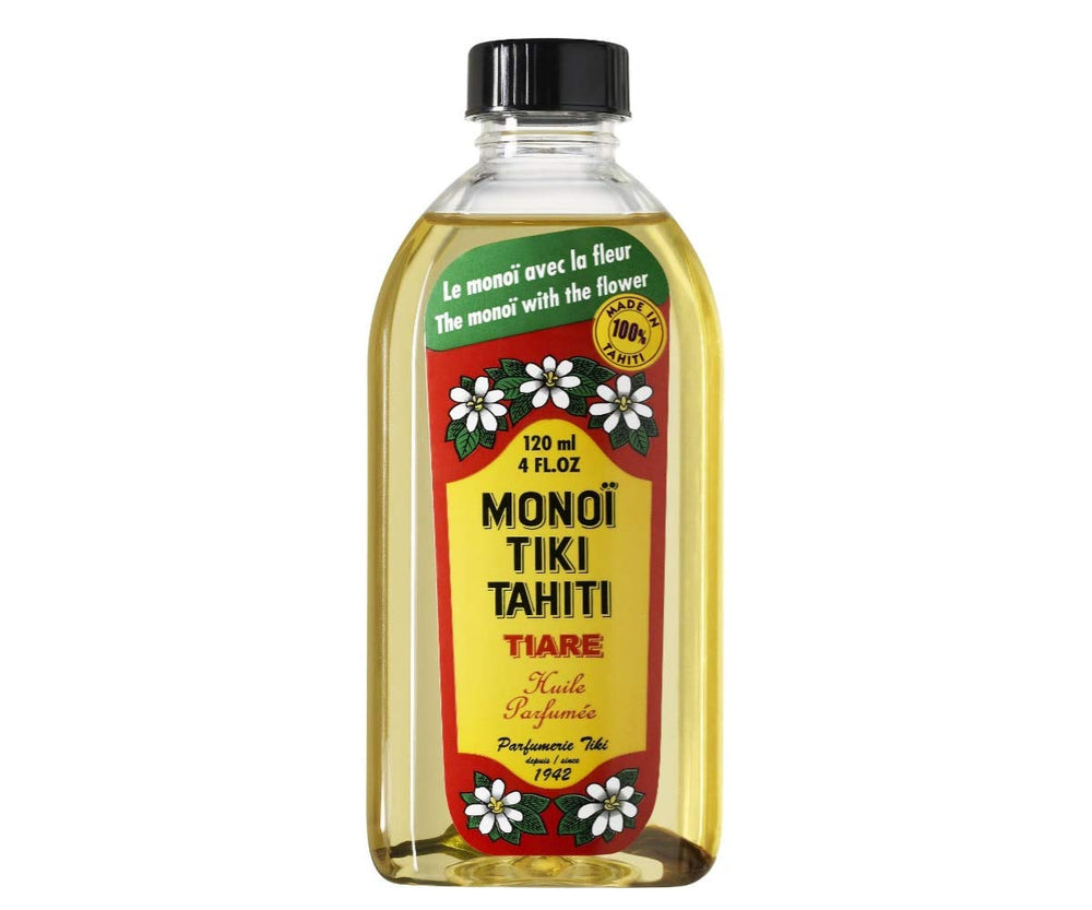 Monoi Tiare Tahiti coconut oil bottle 4oz provides lightweight skin and hair moisture.