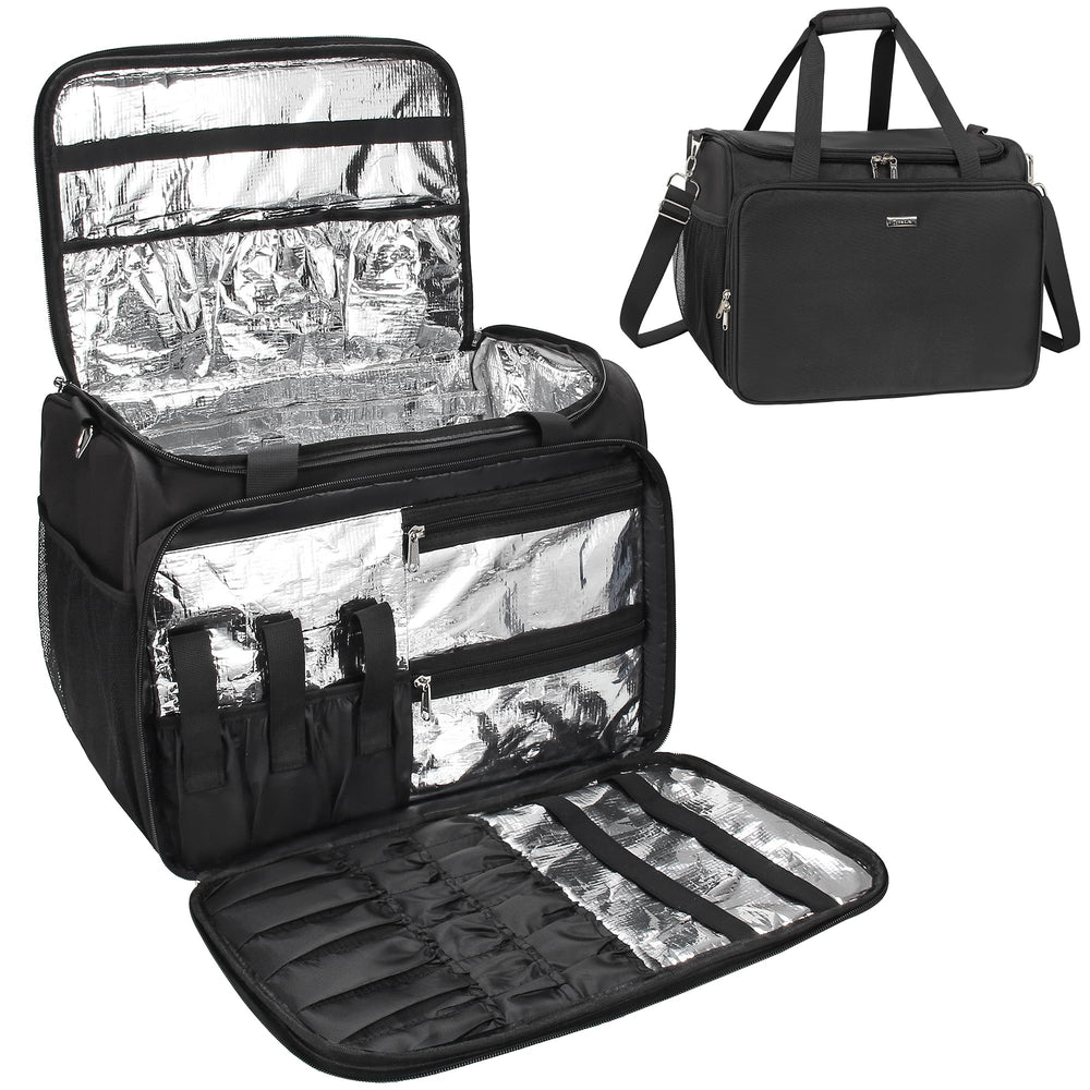 MONSTINA hairdressing bag front view shows organized storage for on-location setups
