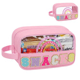 MONSTINA snack bag clear pouch front view highlights durable PU leather and water resistance for travel.