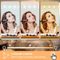 Moonee Hollywood mirror with three color light settings for different looks.